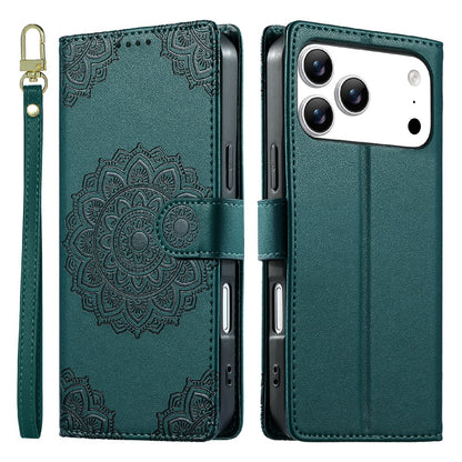 For iPhone 17 Pro Max Case Embossed Totem Leather Flip Wallet Phone Cover with Wrist Strap