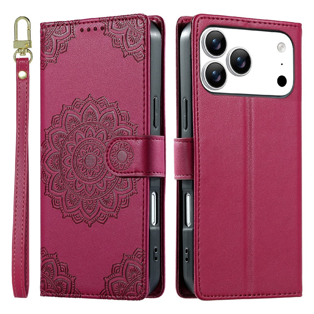 For iPhone 17 Pro Max Case Embossed Totem Leather Flip Wallet Phone Cover with Wrist Strap