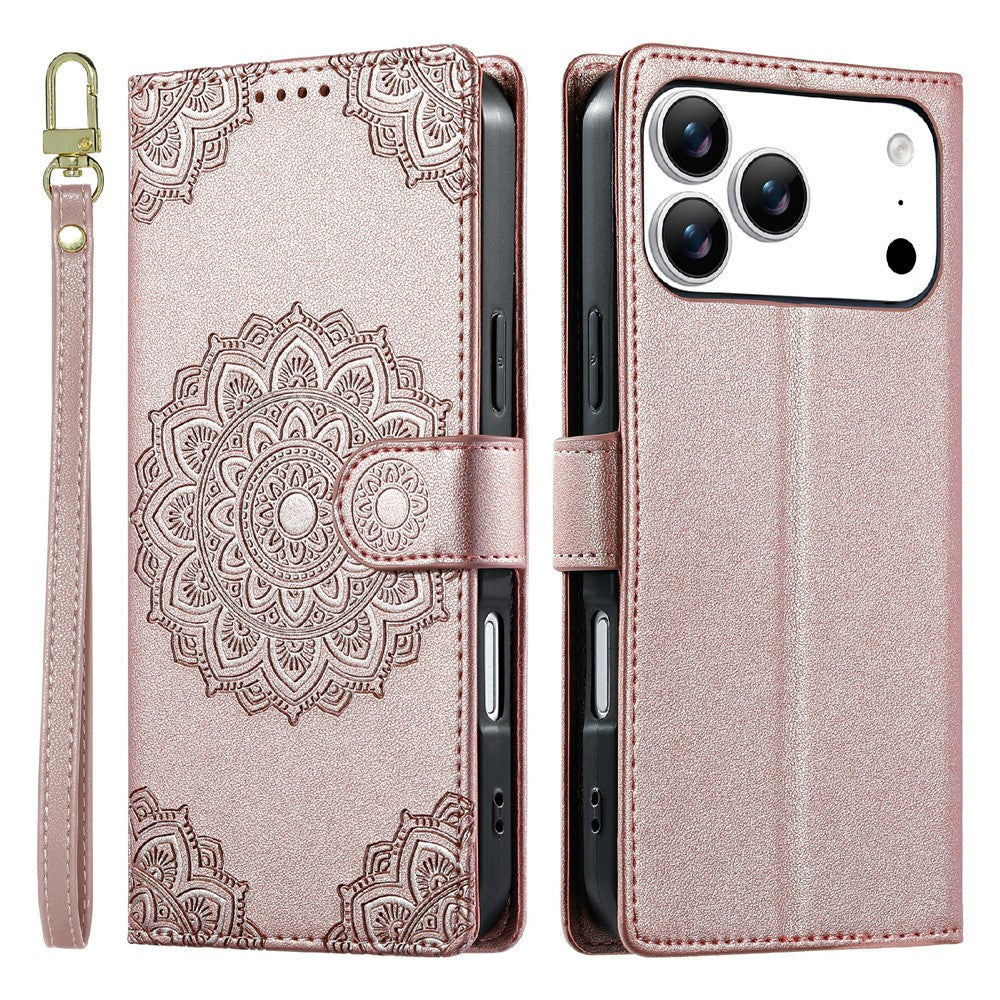 For iPhone 17 Pro Max Case Embossed Totem Leather Flip Wallet Phone Cover with Wrist Strap