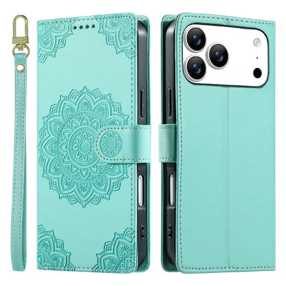 For iPhone 17 Pro Max Case Embossed Totem Leather Flip Wallet Phone Cover with Wrist Strap