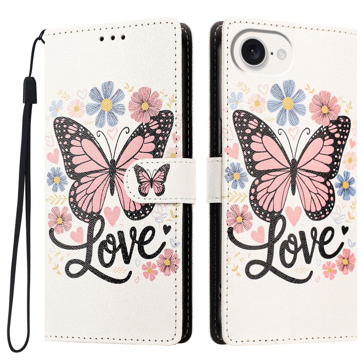 For iPhone 16e / iPhone 17e Case Pattern Printed PU Leather Flip Wallet Phone Cover with Wrist Strap