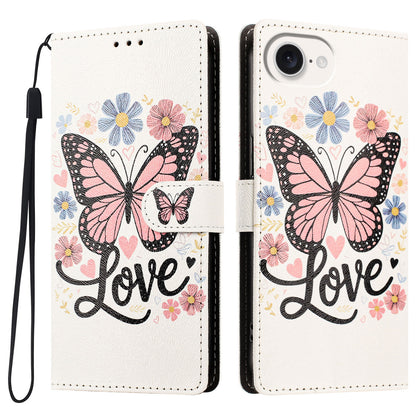 For iPhone 16e / iPhone 17e Case Pattern Printed PU Leather Flip Wallet Phone Cover with Wrist Strap