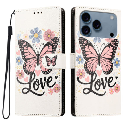 For iPhone 17 Pro / iPhone 18 Pro Case Pattern Printed PU Leather Flip Wallet Phone Cover with Wrist Strap