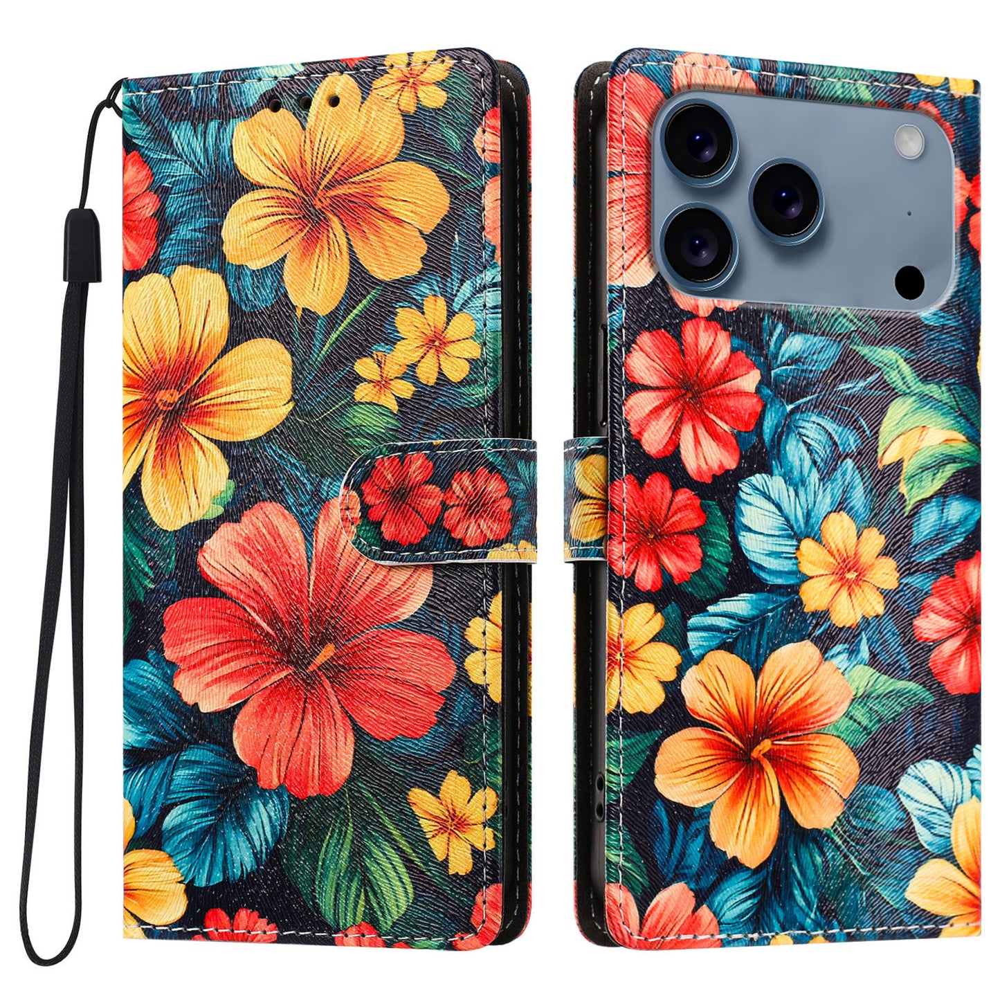 For iPhone 17 Pro / iPhone 18 Pro Case Pattern Printed PU Leather Flip Wallet Phone Cover with Wrist Strap