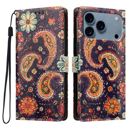 For iPhone 17 Pro / iPhone 18 Pro Case Pattern Printed PU Leather Flip Wallet Phone Cover with Wrist Strap