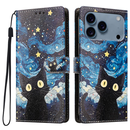 For iPhone 17 Pro / iPhone 18 Pro Case Pattern Printed PU Leather Flip Wallet Phone Cover with Wrist Strap