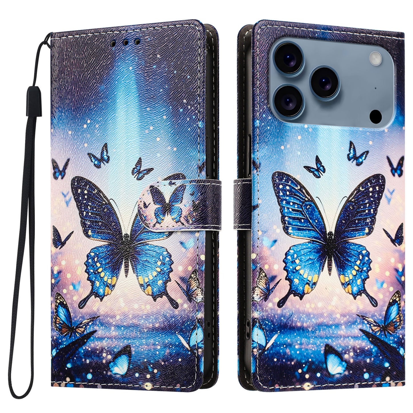 For iPhone 17 Pro / iPhone 18 Pro Case Pattern Printed PU Leather Flip Wallet Phone Cover with Wrist Strap