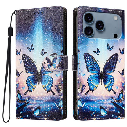 For iPhone 17 Pro / iPhone 18 Pro Case Pattern Printed PU Leather Flip Wallet Phone Cover with Wrist Strap