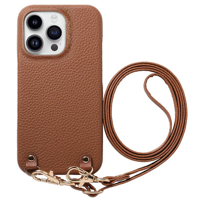For iPhone 16 Pro Litchi Pattern Case with Lanyard Shockproof PC PU Leather Cover