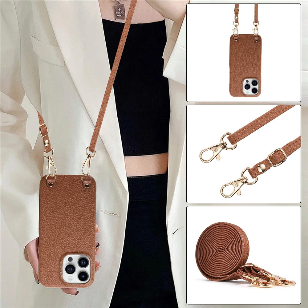 For iPhone 16 Pro Litchi Pattern Case with Lanyard Shockproof PC PU Leather Cover