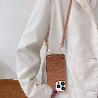 For iPhone 16 Pro Litchi Pattern Case with Lanyard Shockproof PC PU Leather Cover