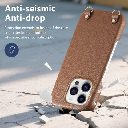 For iPhone 16 Pro Litchi Pattern Case with Lanyard Shockproof PC PU Leather Cover