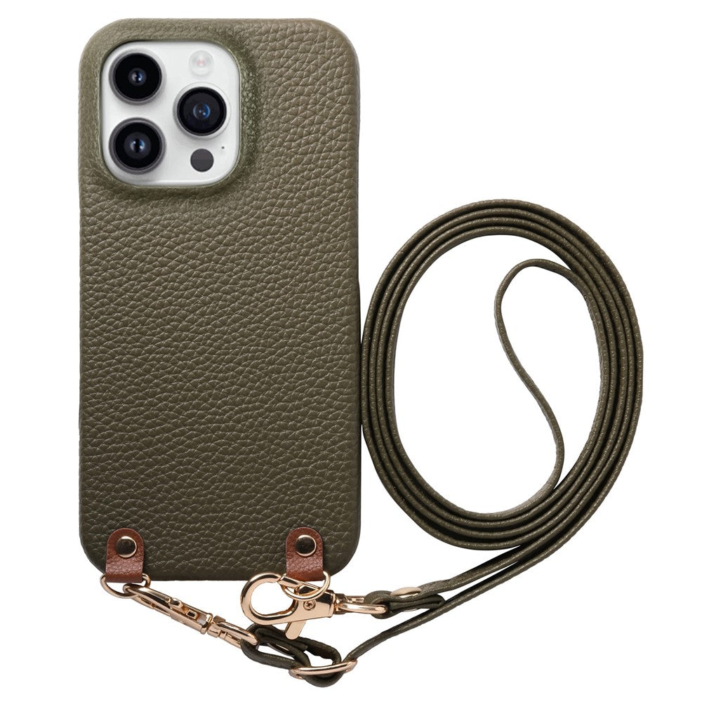 For iPhone 16 Pro Litchi Pattern Case with Lanyard Shockproof PC PU Leather Cover