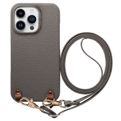 For iPhone 16 Pro Litchi Pattern Case with Lanyard Shockproof PC PU Leather Cover