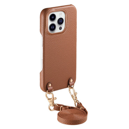 For iPhone 16 Pro Max Litchi Pattern Case with Lanyard Shockproof PC PU Leather Cover