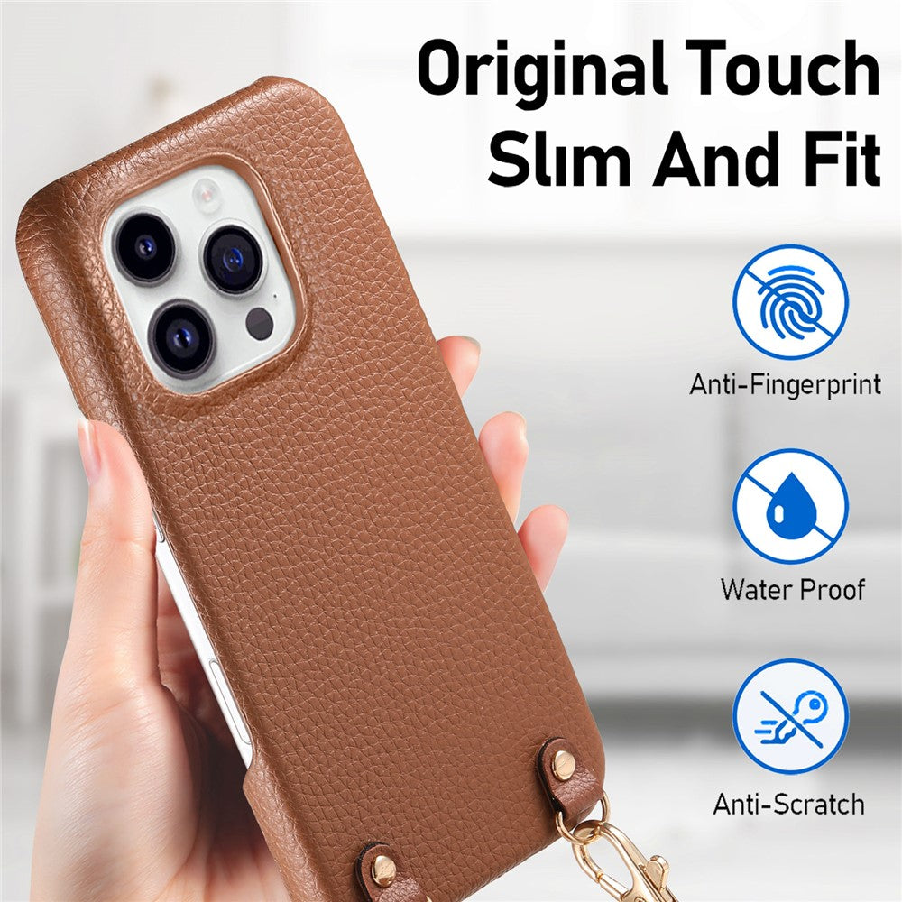 For iPhone 16 Pro Max Litchi Pattern Case with Lanyard Shockproof PC PU Leather Cover