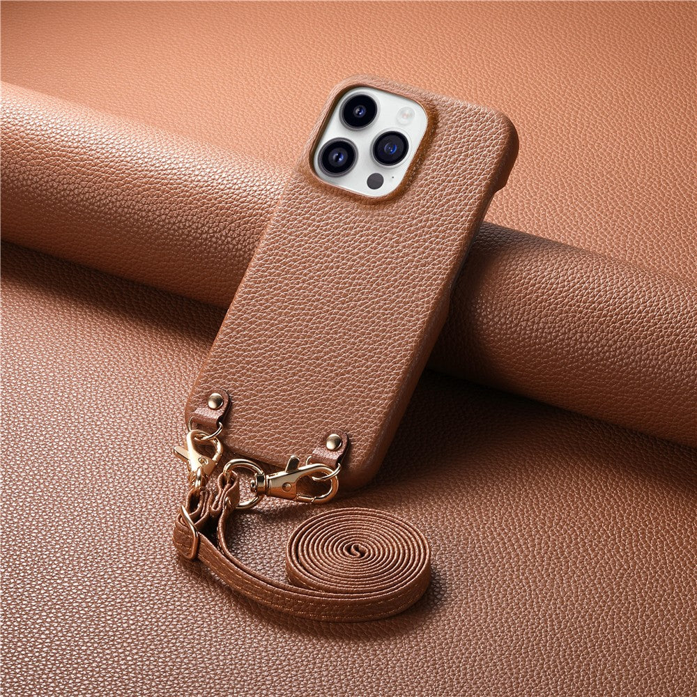 For iPhone 16 Pro Max Litchi Pattern Case with Lanyard Shockproof PC PU Leather Cover