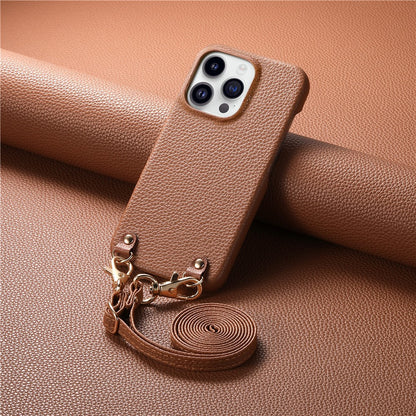For iPhone 16 Pro Max Litchi Pattern Case with Lanyard Shockproof PC PU Leather Cover