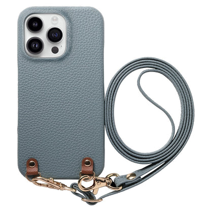 For iPhone 16 Pro Max Litchi Pattern Case with Lanyard Shockproof PC PU Leather Cover
