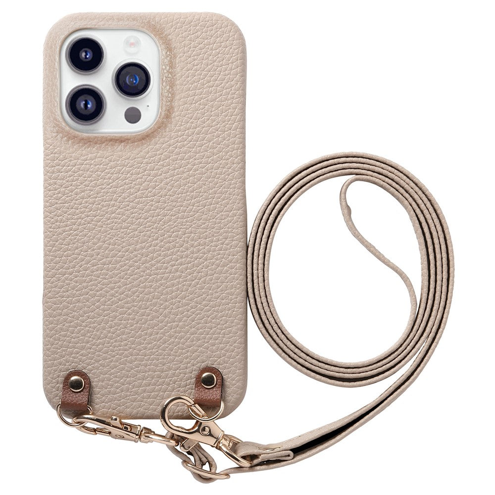 For iPhone 16 Pro Max Litchi Pattern Case with Lanyard Shockproof PC PU Leather Cover