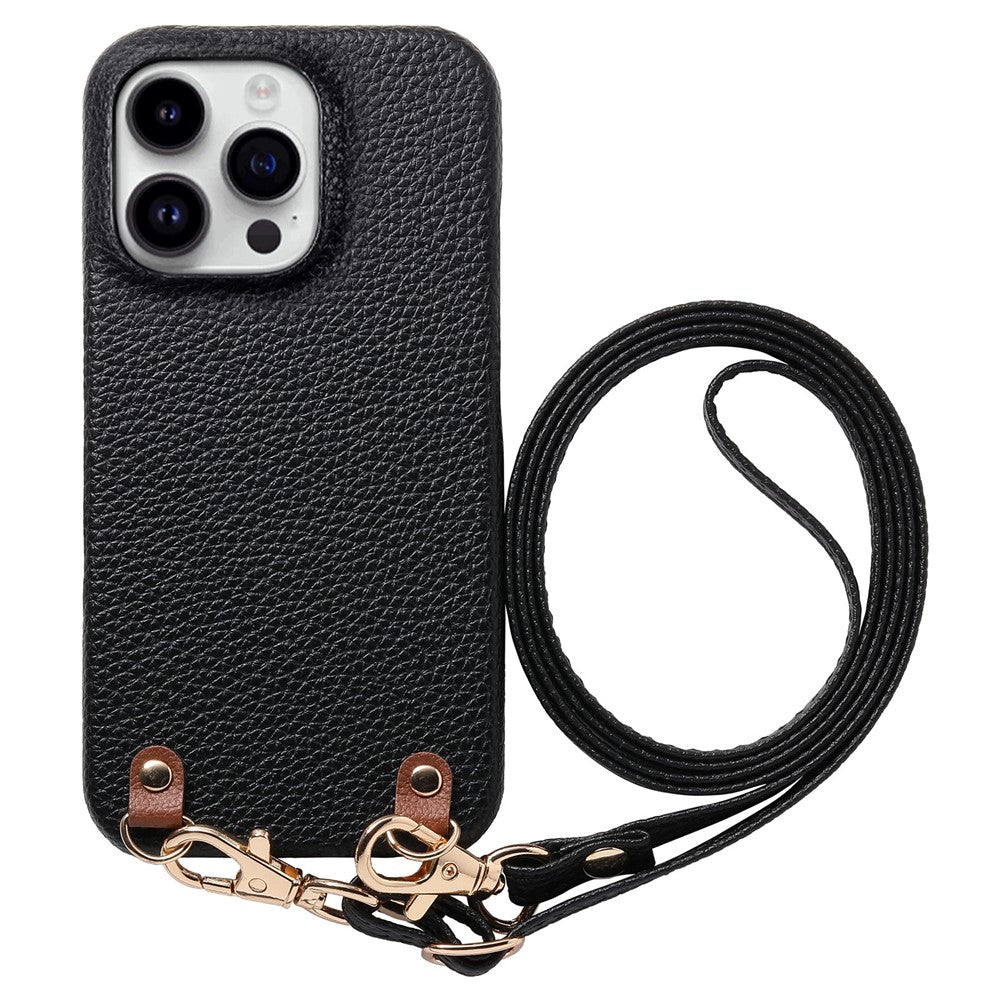 For iPhone 16 Pro Max Litchi Pattern Case with Lanyard Shockproof PC PU Leather Cover