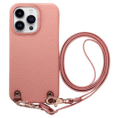 For iPhone 16 Pro Max Litchi Pattern Case with Lanyard Shockproof PC PU Leather Cover