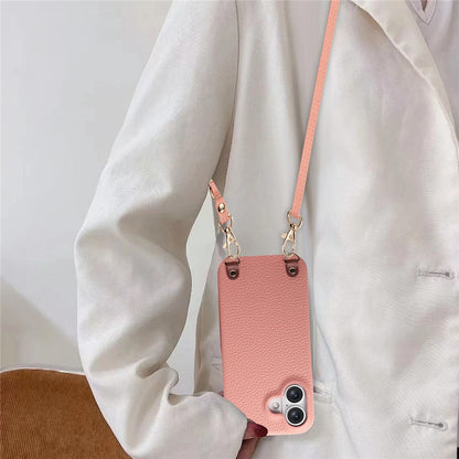 For iPhone 17 Litchi Pattern Case with Lanyard Shockproof PC PU Leather Cover