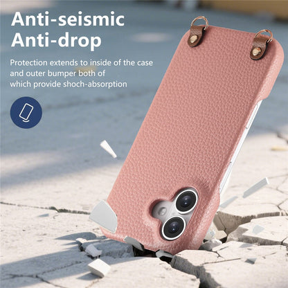 For iPhone 17 Litchi Pattern Case with Lanyard Shockproof PC PU Leather Cover