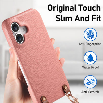 For iPhone 17 Litchi Pattern Case with Lanyard Shockproof PC PU Leather Cover