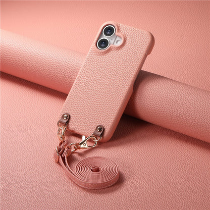For iPhone 17 Litchi Pattern Case with Lanyard Shockproof PC PU Leather Cover