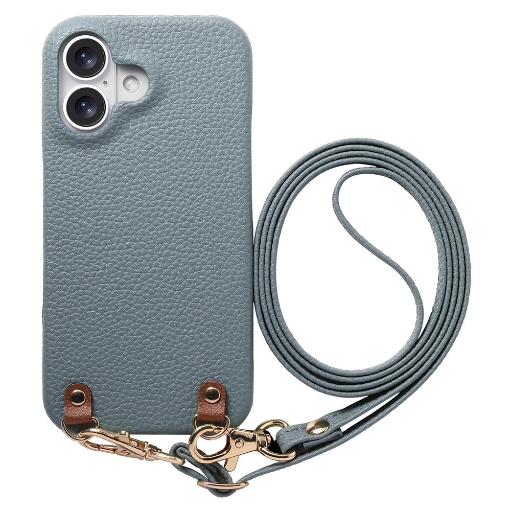 For iPhone 17 Litchi Pattern Case with Lanyard Shockproof PC PU Leather Cover
