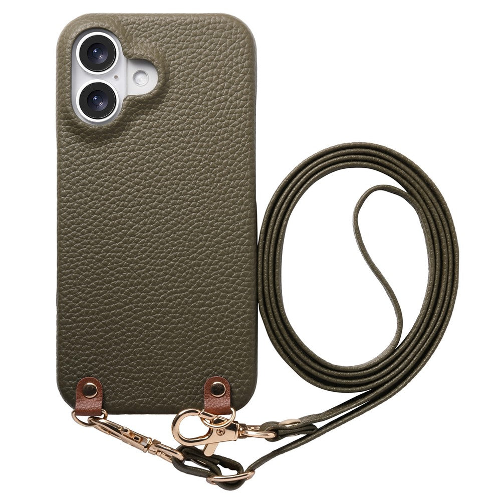 For iPhone 17 Litchi Pattern Case with Lanyard Shockproof PC PU Leather Cover