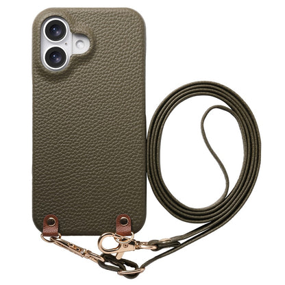 For iPhone 17 Litchi Pattern Case with Lanyard Shockproof PC PU Leather Cover
