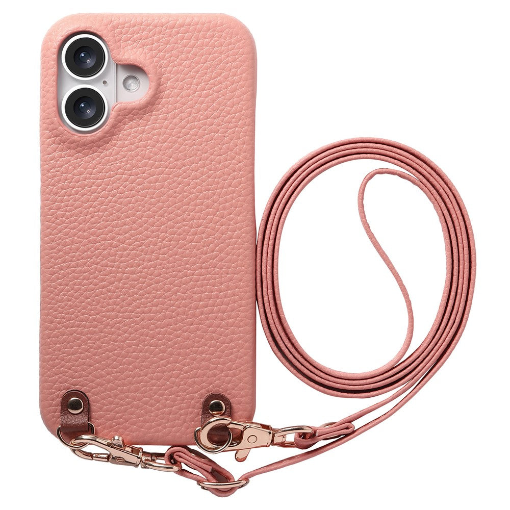 For iPhone 16 Litchi Pattern Case with Lanyard Shockproof PC PU Leather Cover