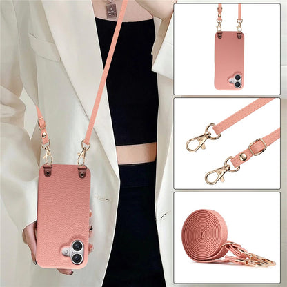 For iPhone 16 Litchi Pattern Case with Lanyard Shockproof PC PU Leather Cover