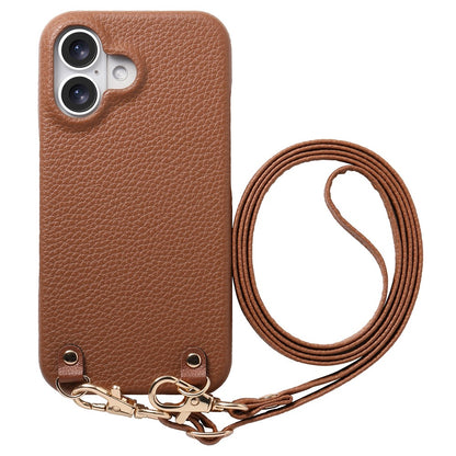 For iPhone 16 Litchi Pattern Case with Lanyard Shockproof PC PU Leather Cover