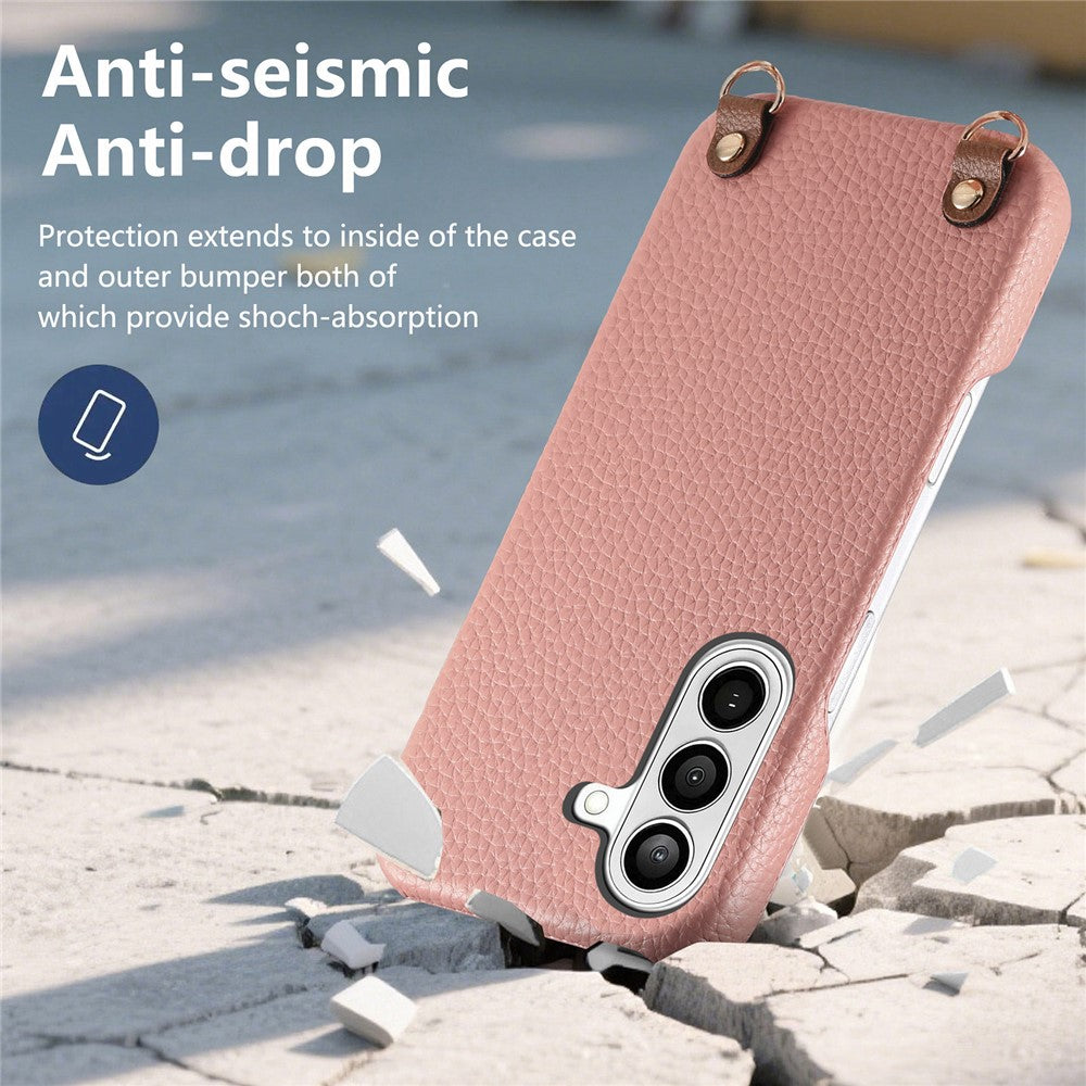 For Samsung Galaxy S26+ Litchi Pattern Case with Lanyard Shockproof PC PU Leather Cover