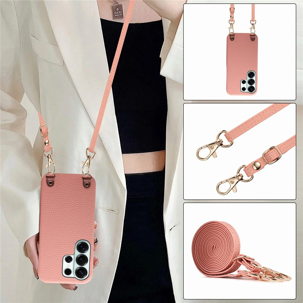 For Samsung Galaxy S25 Ultra Litchi Pattern Case with Lanyard Shockproof PC PU Leather Cover