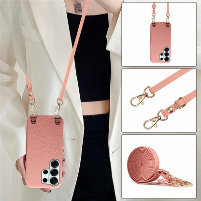 For Samsung Galaxy S25 Ultra Litchi Pattern Case with Lanyard Shockproof PC PU Leather Cover