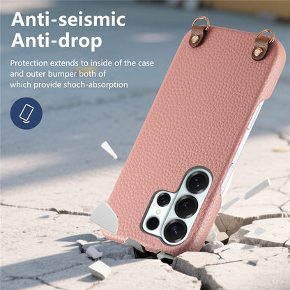 For Samsung Galaxy S25 Ultra Litchi Pattern Case with Lanyard Shockproof PC PU Leather Cover