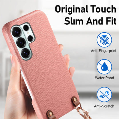 For Samsung Galaxy S25 Ultra Litchi Pattern Case with Lanyard Shockproof PC PU Leather Cover