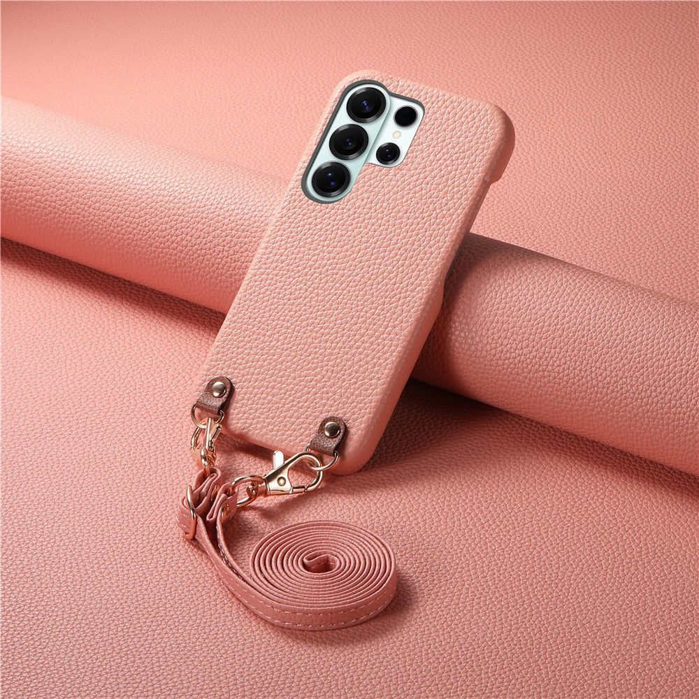 For Samsung Galaxy S25 Ultra Litchi Pattern Case with Lanyard Shockproof PC PU Leather Cover