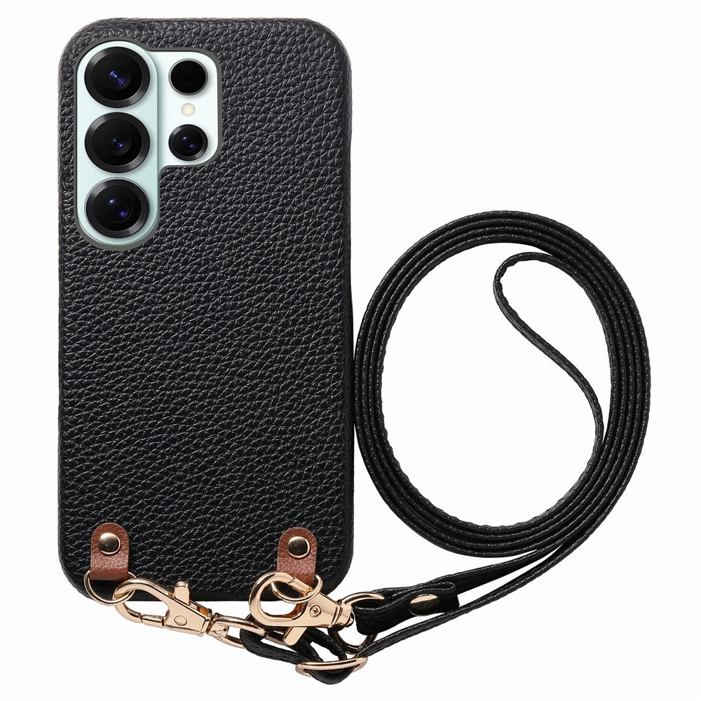 For Samsung Galaxy S25 Ultra Litchi Pattern Case with Lanyard Shockproof PC PU Leather Cover
