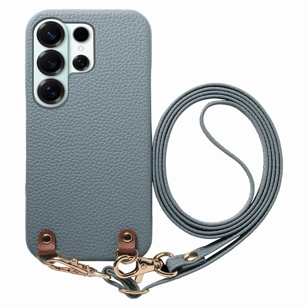 For Samsung Galaxy S25 Ultra Litchi Pattern Case with Lanyard Shockproof PC PU Leather Cover