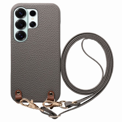 For Samsung Galaxy S25 Ultra Litchi Pattern Case with Lanyard Shockproof PC PU Leather Cover