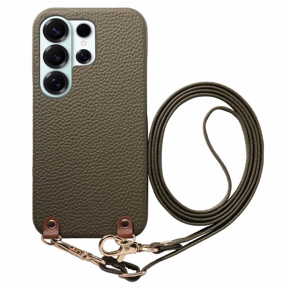 For Samsung Galaxy S25 Ultra Litchi Pattern Case with Lanyard Shockproof PC PU Leather Cover