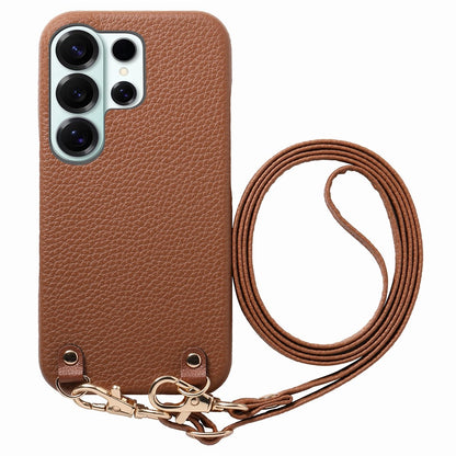 For Samsung Galaxy S25 Ultra Litchi Pattern Case with Lanyard Shockproof PC PU Leather Cover