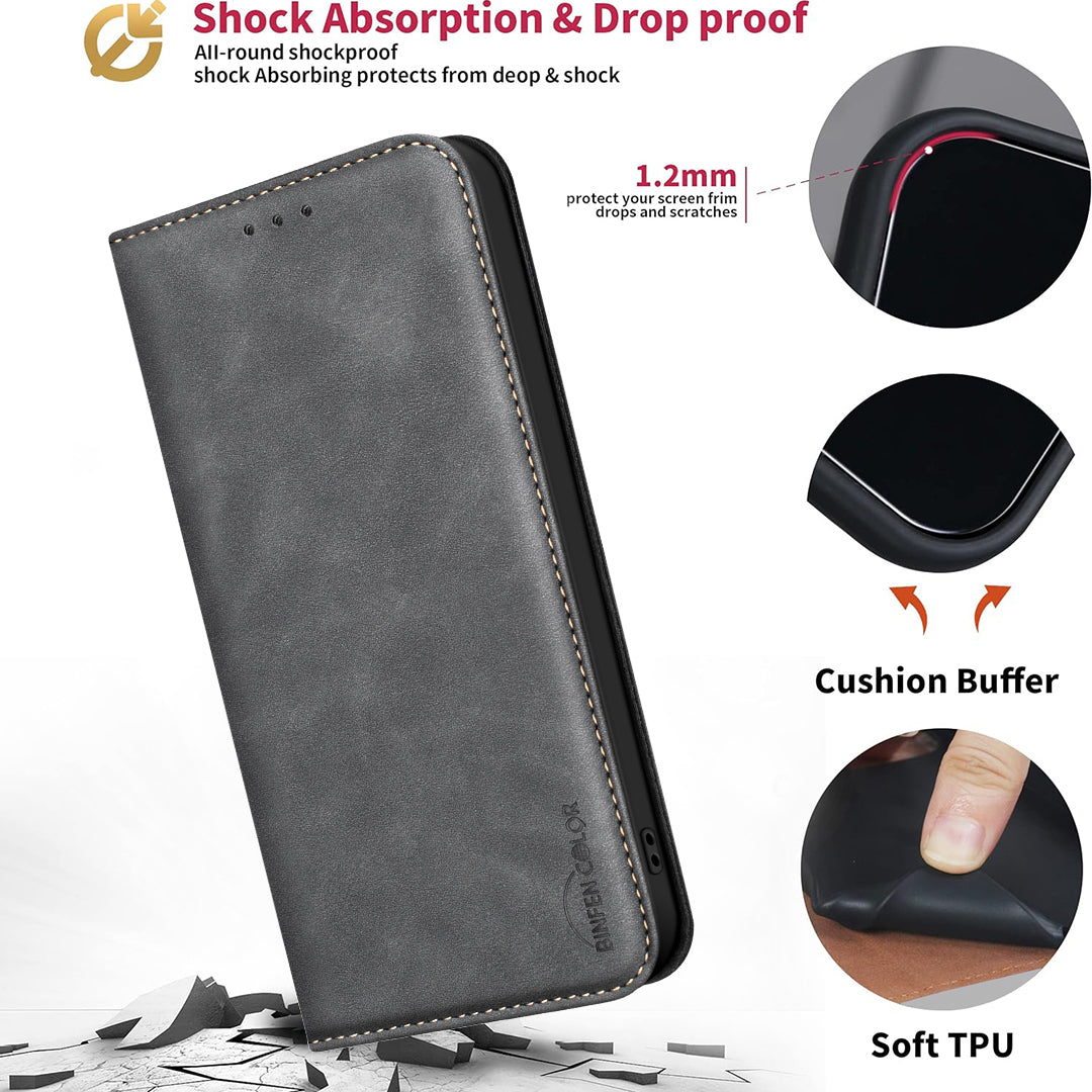 BINFEN COLOR for iPhone 17 Pro Max RFID Blocking Calf Texture PU Leather Phone Cover