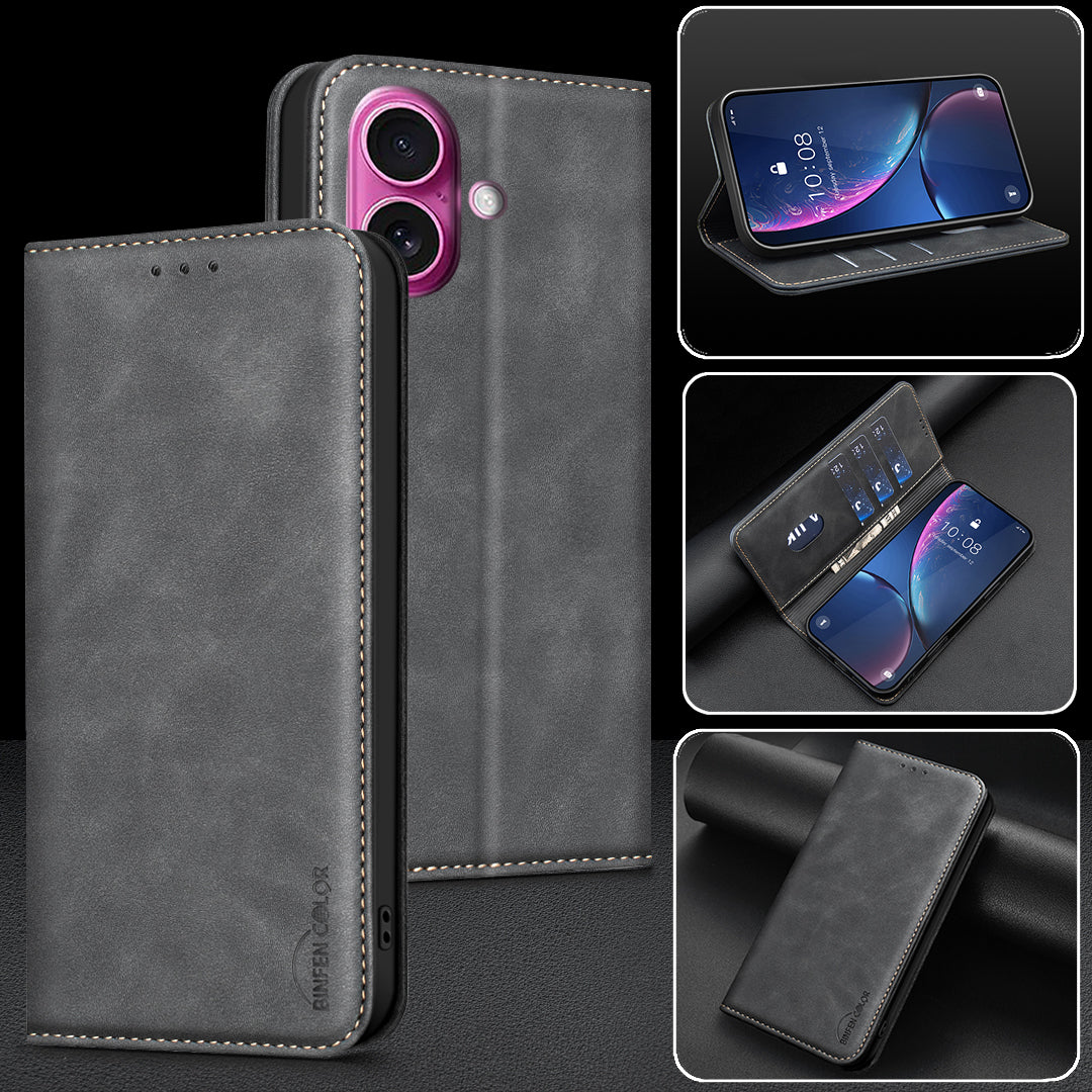 BINFEN COLOR for iPhone 16 RFID Blocking Calf Texture PU Leather Phone Cover