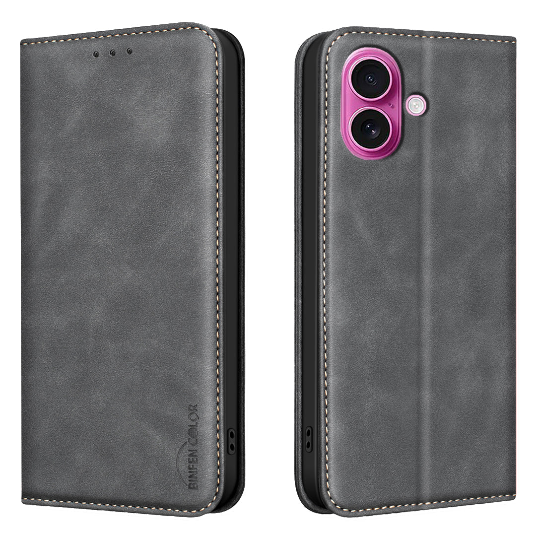 BINFEN COLOR for iPhone 16 RFID Blocking Calf Texture PU Leather Phone Cover